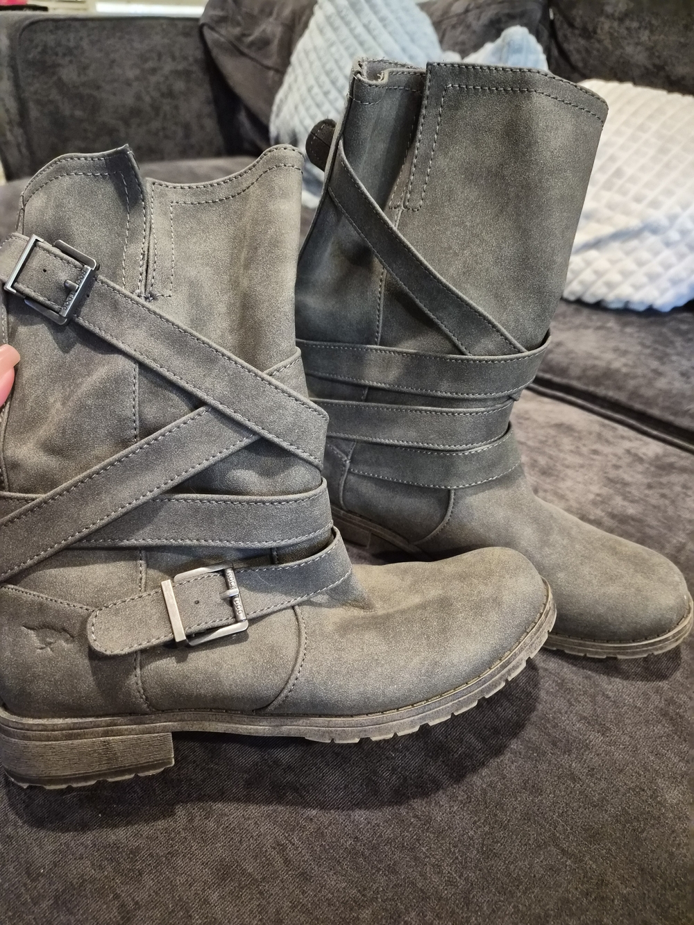 Women’s Gray Suede Strap Buckle Boots
